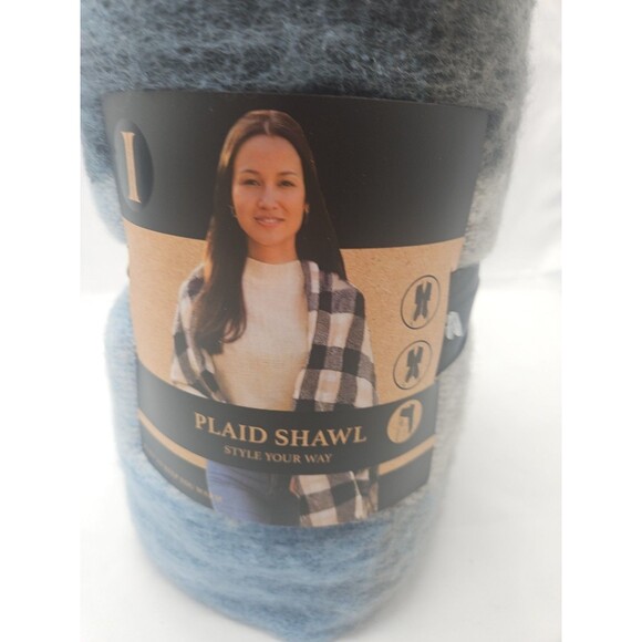 Plaid Igloos Womens Shawl (Blue/Gray/Black) - Picture 2 of 11
